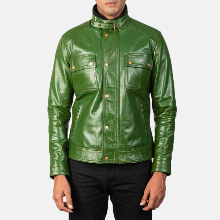 Mens Darren Distressed Green Leather Biker Jacket6143-5-1568636898939